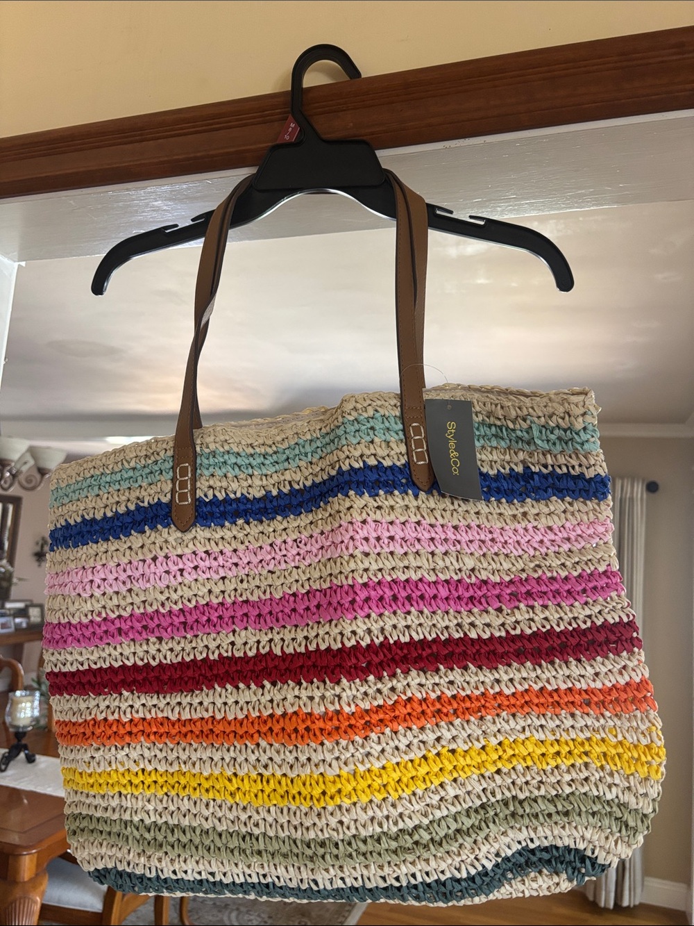 Style & Co Striped Multicolor Straw Tote Bag with Brown Handles